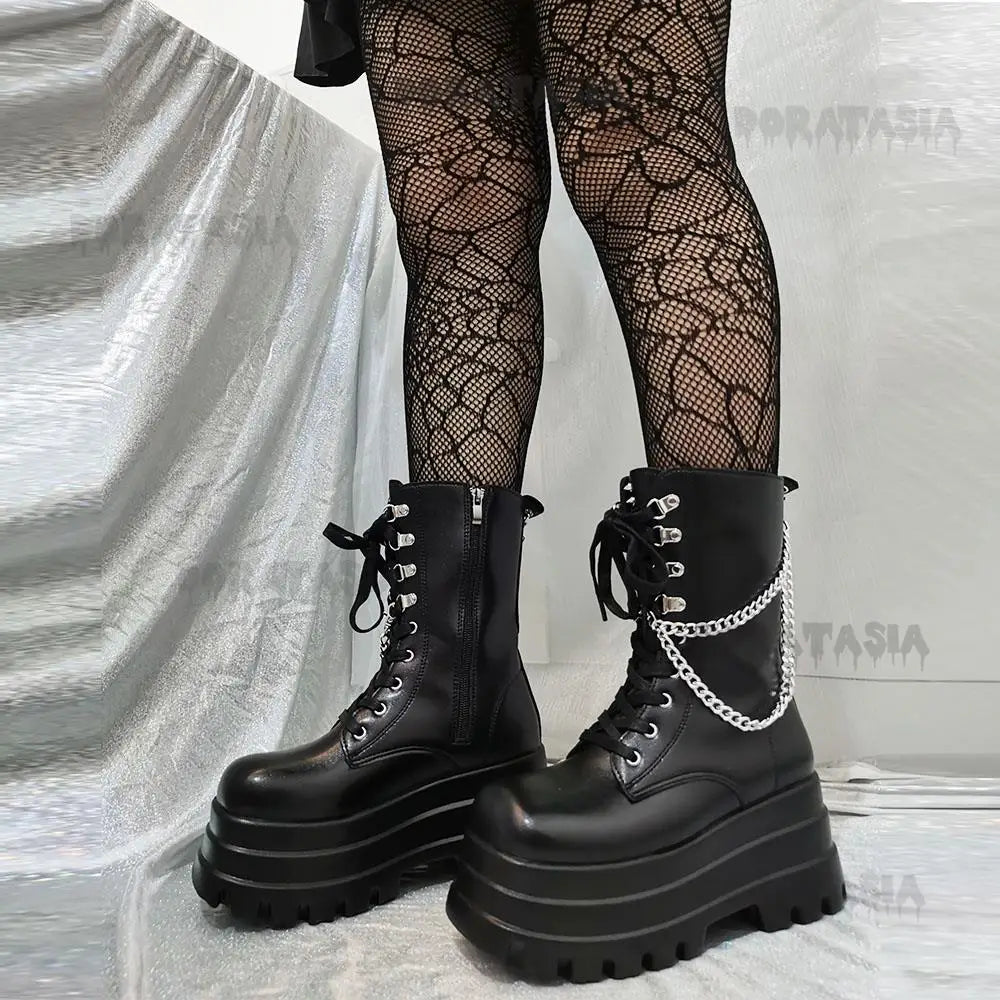 Sexy Gothic Black Boots for Women with High-Quality Leather, Chunky Heel, and Chain Detail