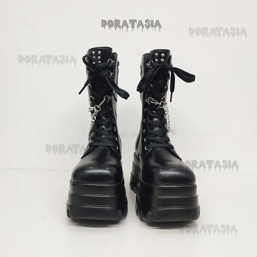 Sexy Gothic Black Boots for Women with High-Quality Leather, Chunky Heel, and Chain Detail