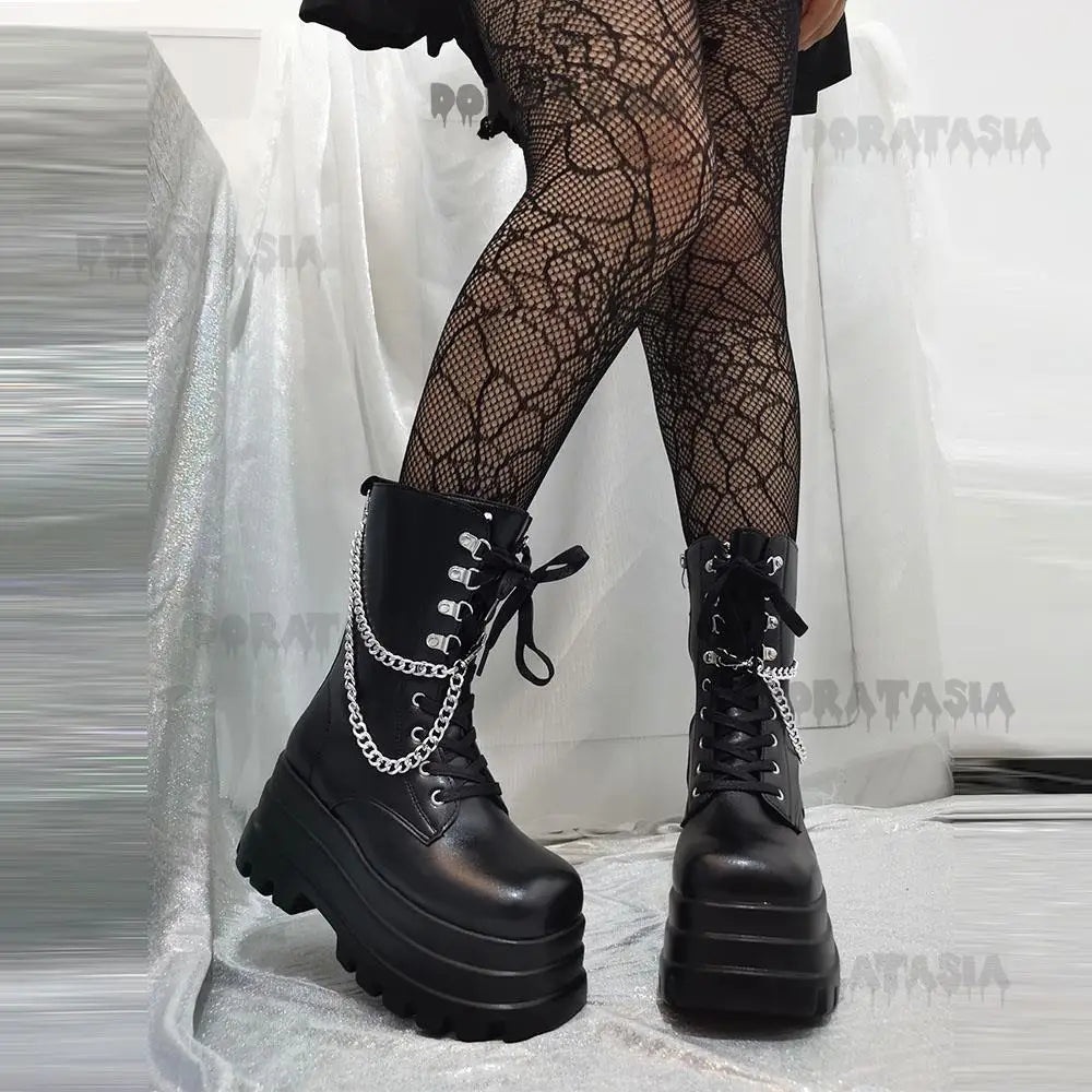 Sexy Gothic Black Boots for Women with High-Quality Leather, Chunky Heel, and Chain Detail