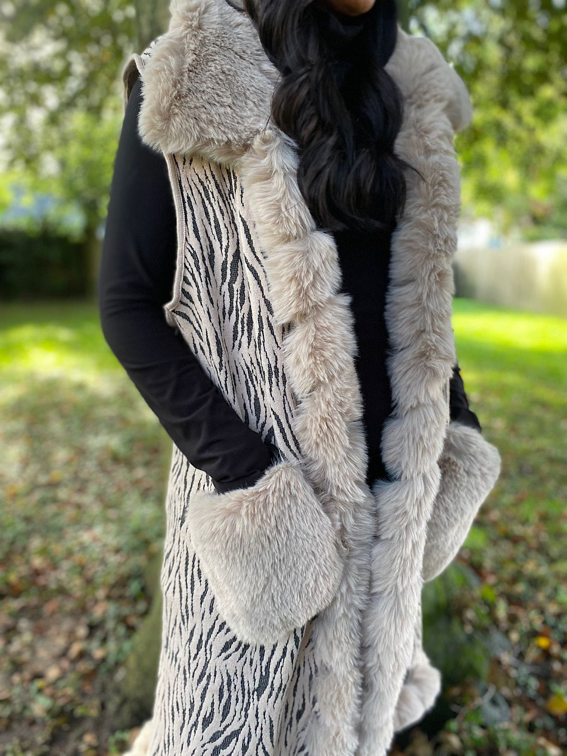 Stone Faux Fur Animal Patterned Gilet