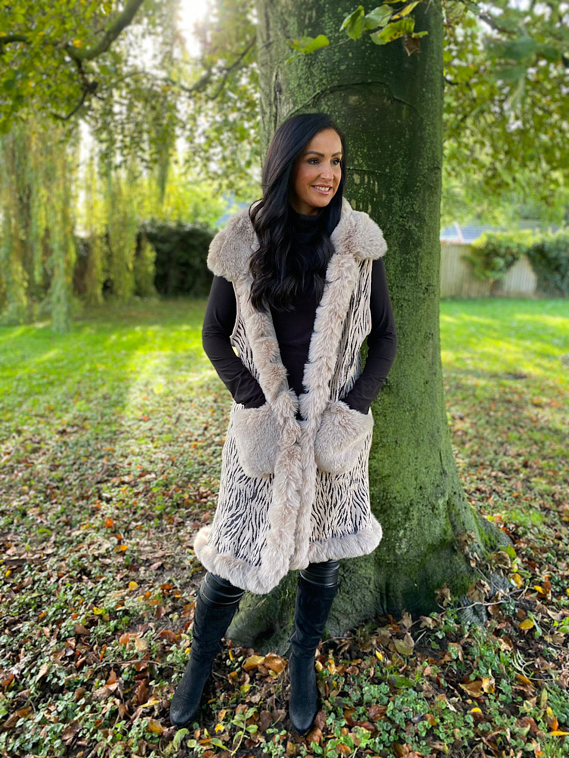 Stone Faux Fur Animal Patterned Gilet