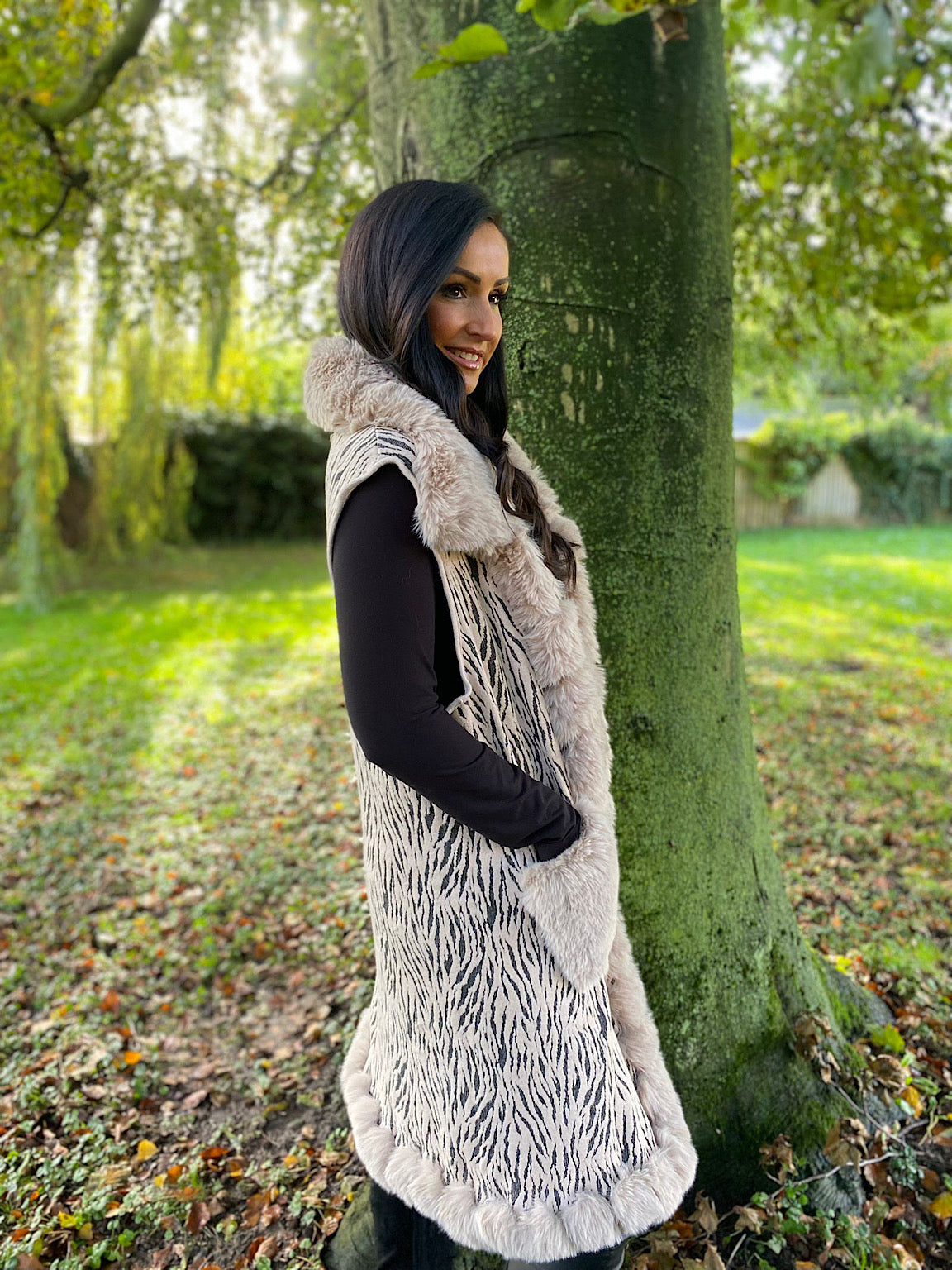 Stone Faux Fur Animal Patterned Gilet