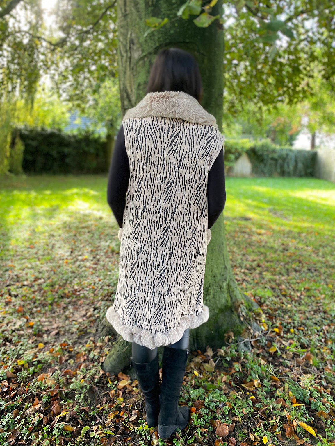 Stone Faux Fur Animal Patterned Gilet