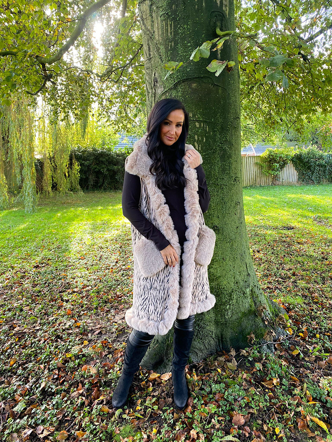 Stone Faux Fur Animal Patterned Gilet