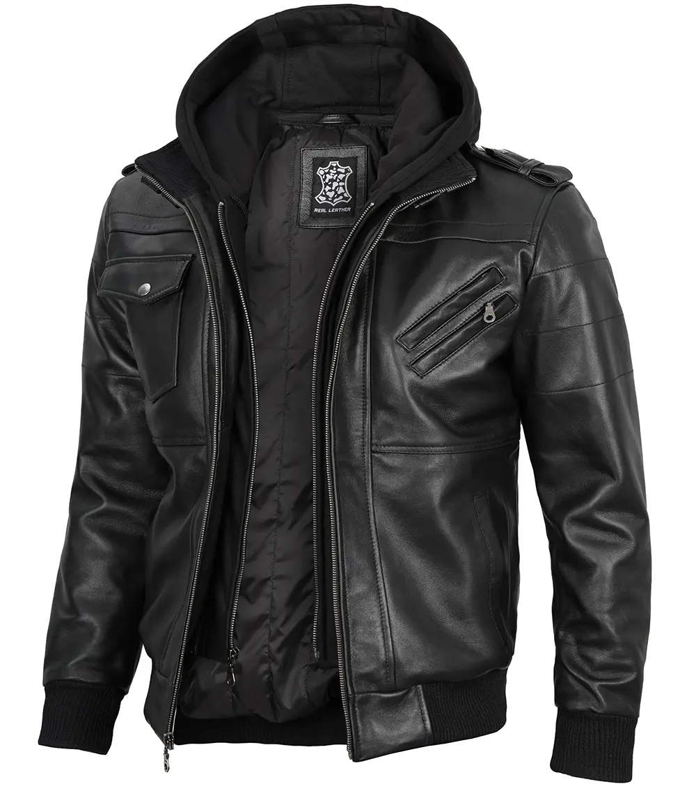 Tall Men's Black Leather Jacket with Removable Hoodie