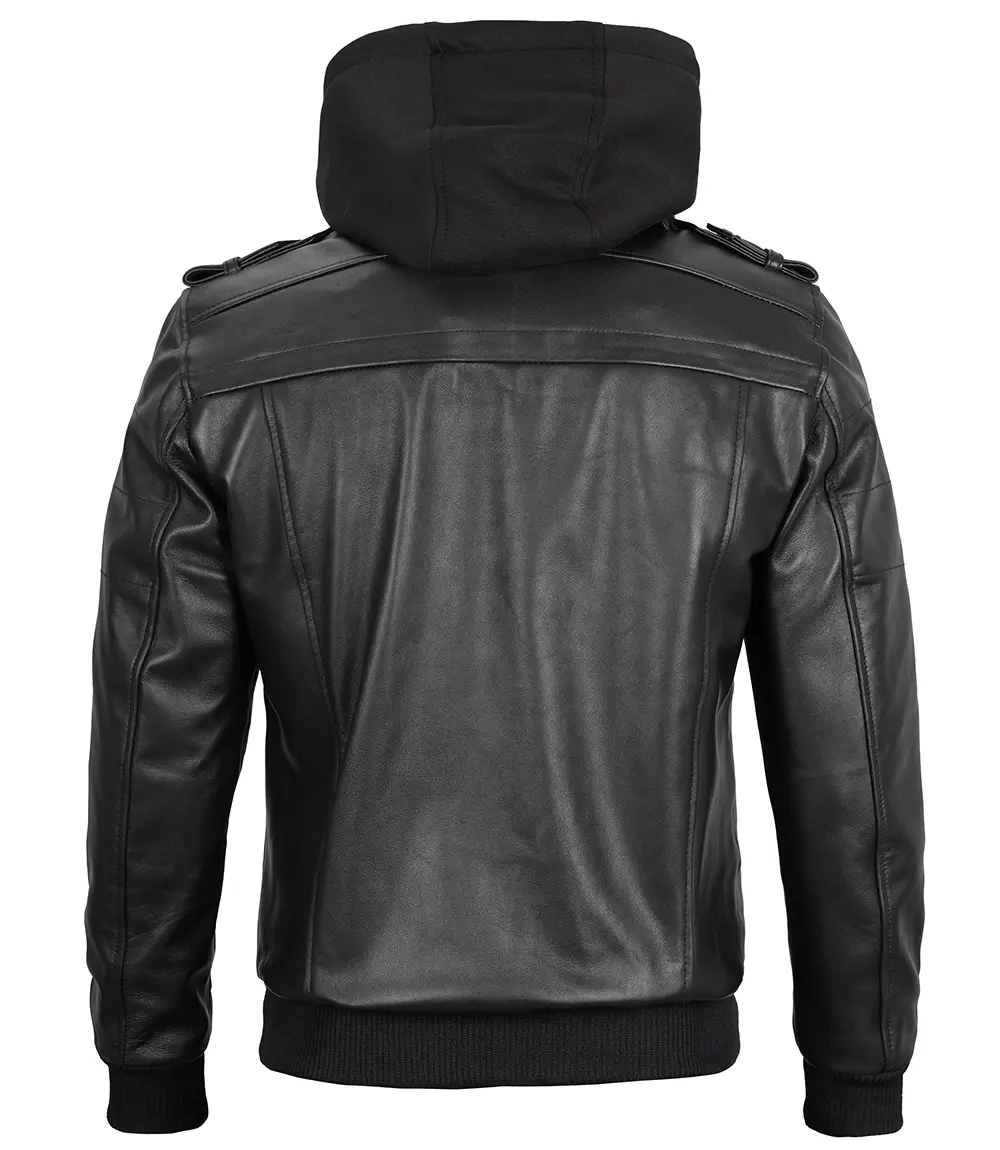 Tall Men's Black Leather Jacket with Removable Hoodie