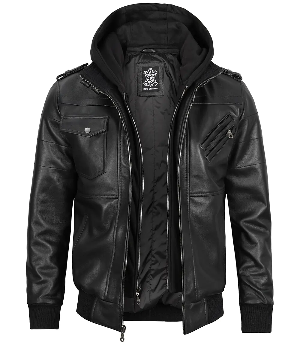 Tall Men's Black Leather Jacket with Removable Hoodie