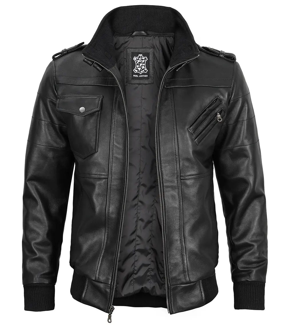 Tall Men's Black Leather Jacket with Removable Hoodie