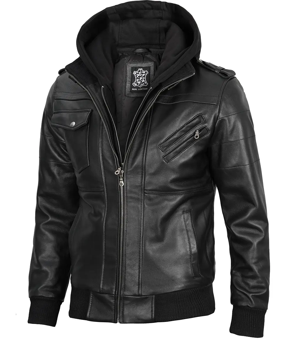 Tall Men's Black Leather Jacket with Removable Hoodie