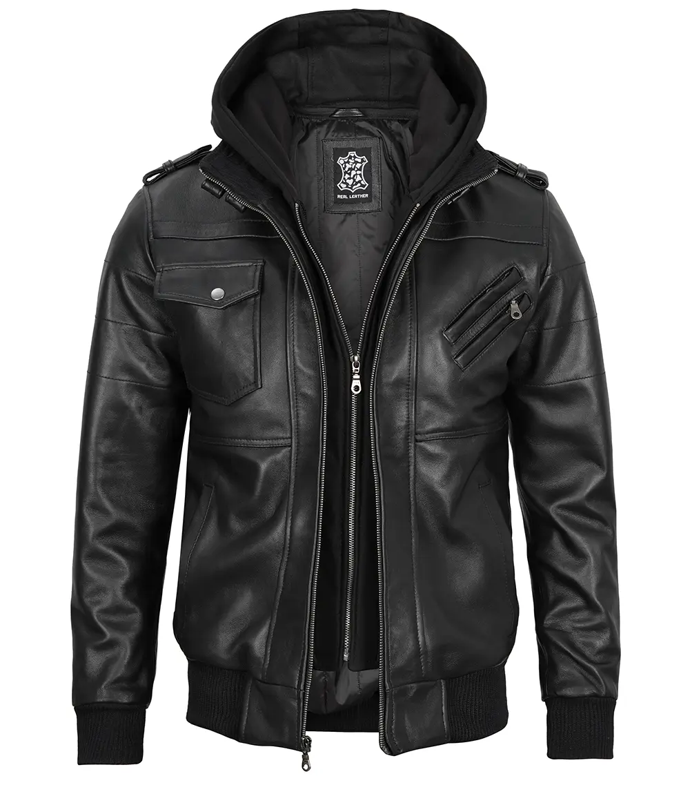 Tall Men's Black Leather Jacket with Removable Hoodie