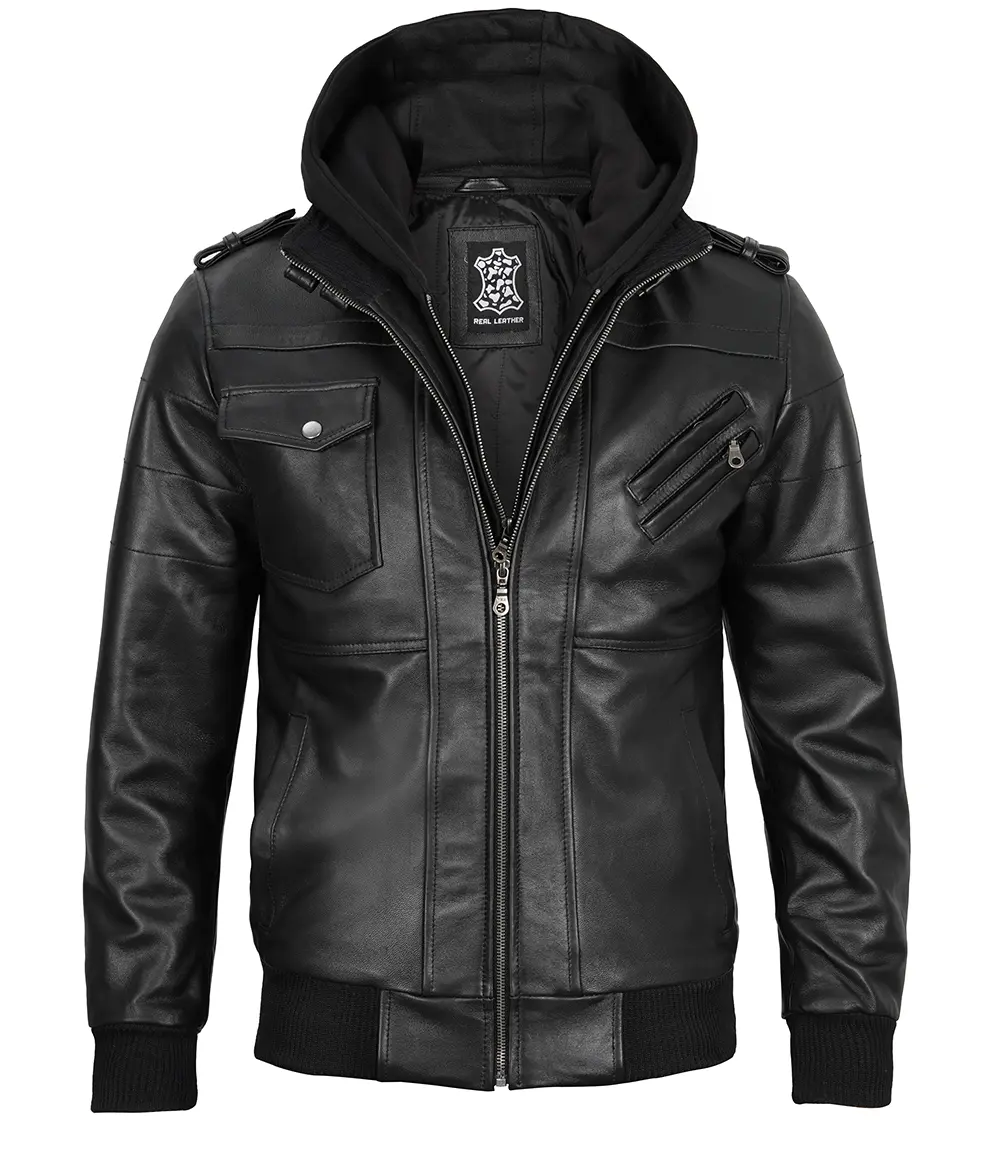 Tall Men's Black Leather Jacket with Removable Hoodie