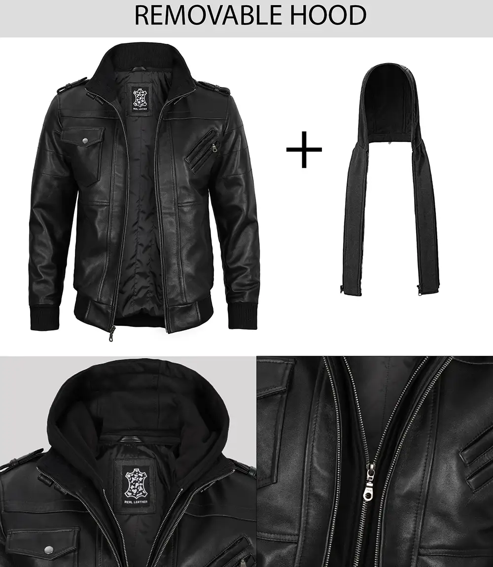 Tall Men's Black Leather Jacket with Removable Hoodie