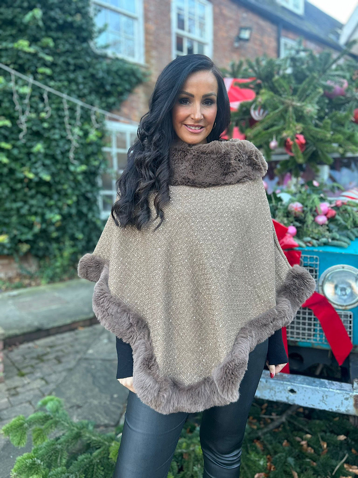 Tan Faux Fur Shimmer Poncho