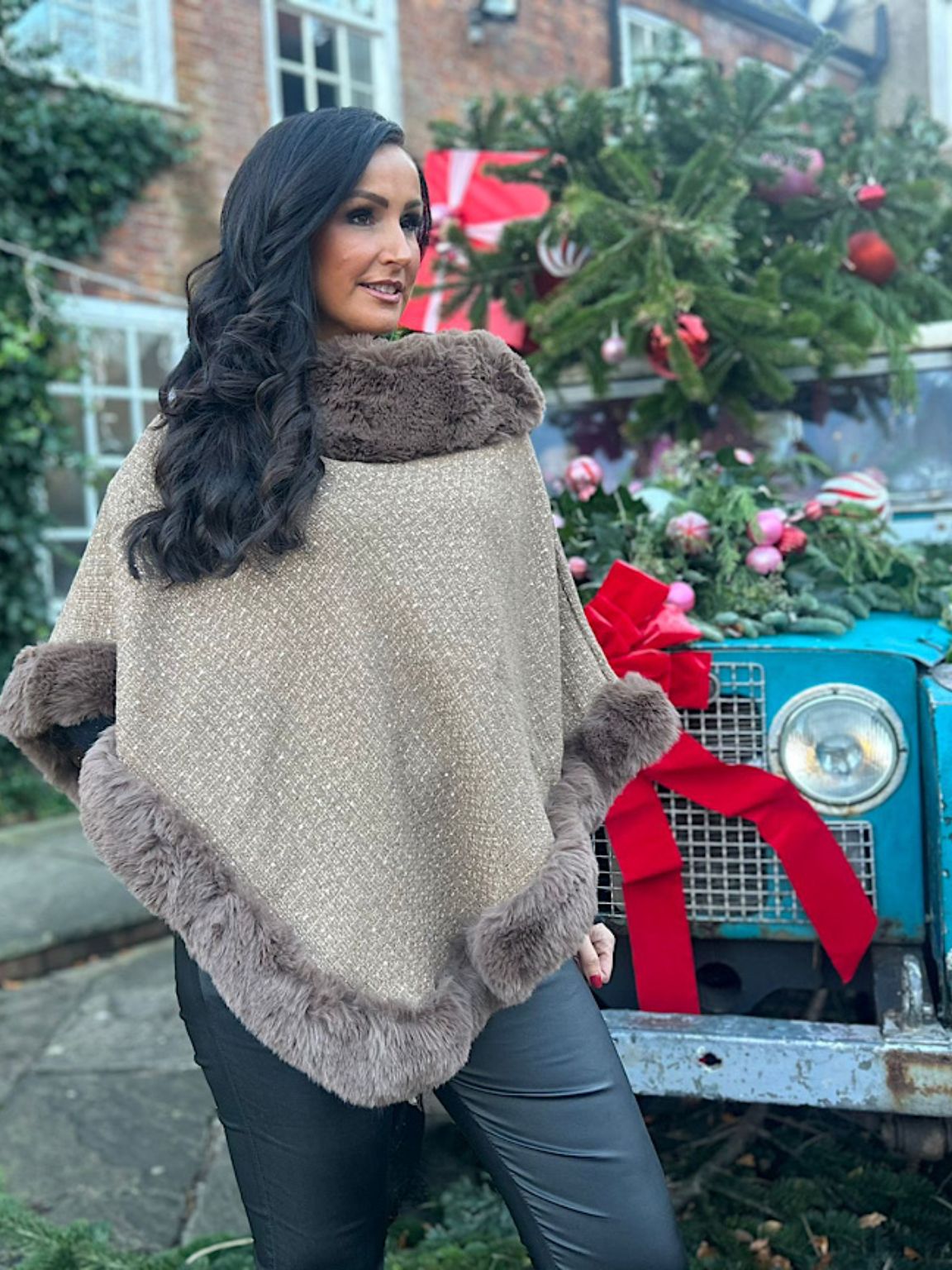 Tan Faux Fur Shimmer Poncho