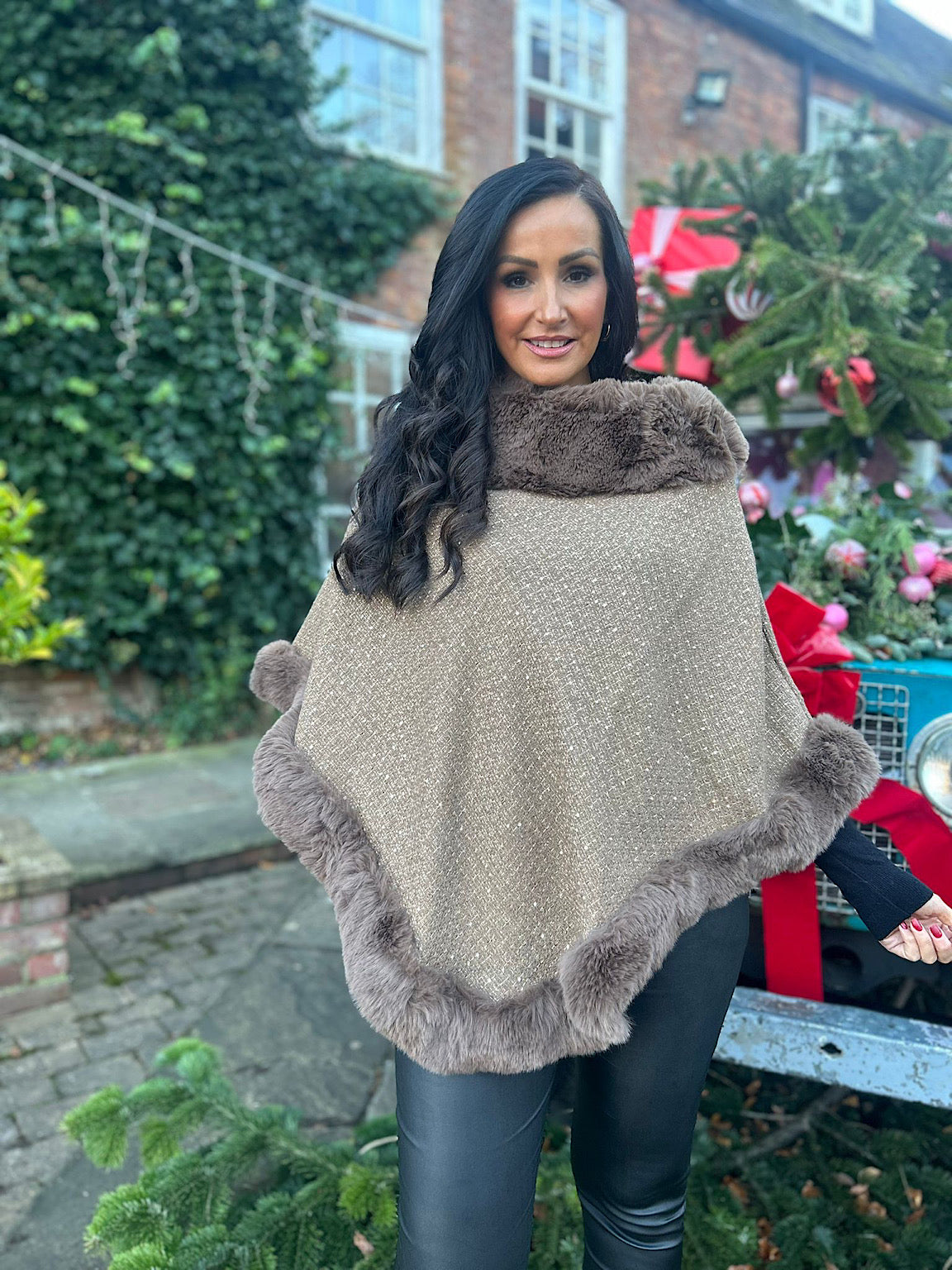 Tan Faux Fur Shimmer Poncho