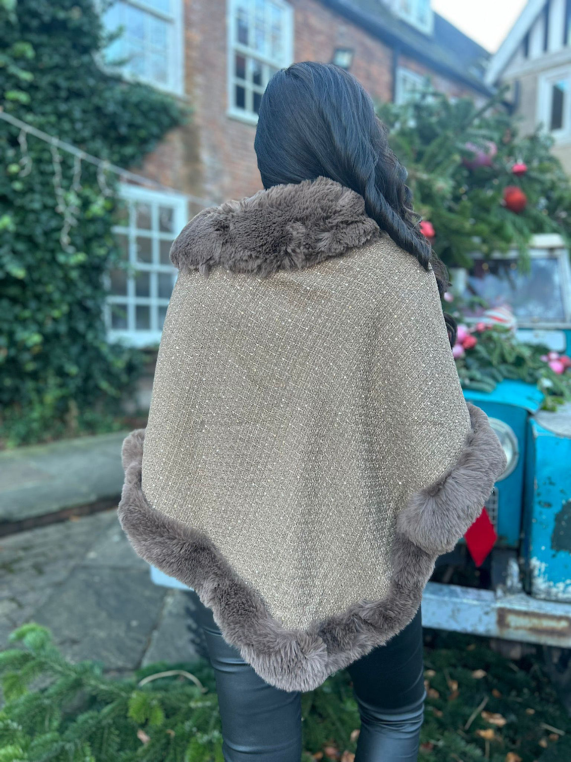 Tan Faux Fur Shimmer Poncho