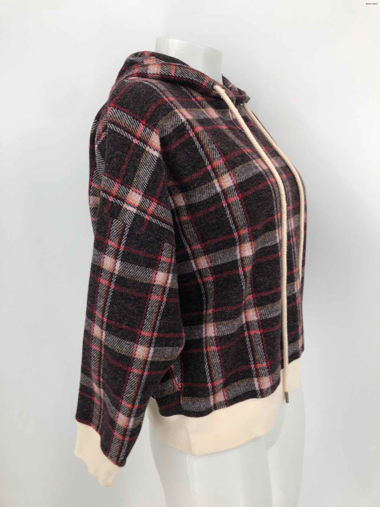 THE GREAT Gray Red & Beige Cotton Blend USA Made! Plaid Pullover Hoodie Top