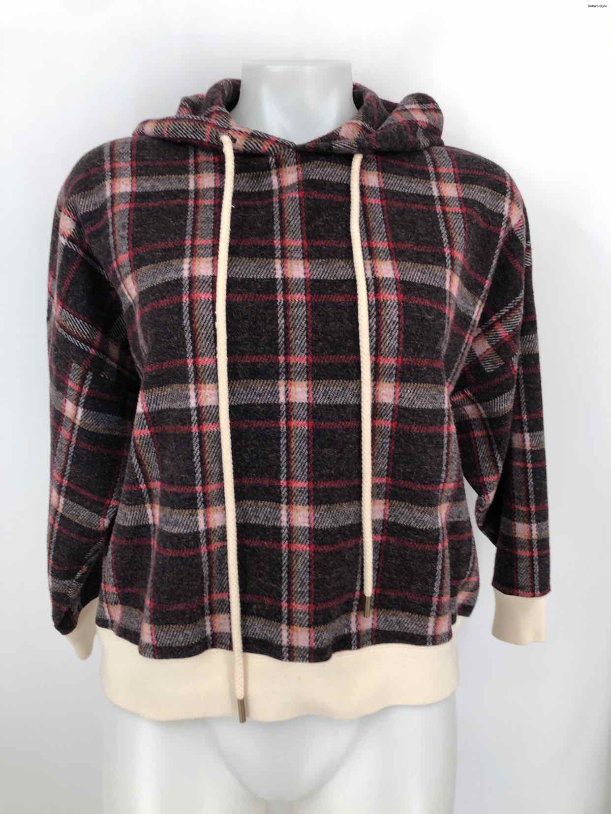 THE GREAT Gray Red & Beige Cotton Blend USA Made! Plaid Pullover Hoodie Top