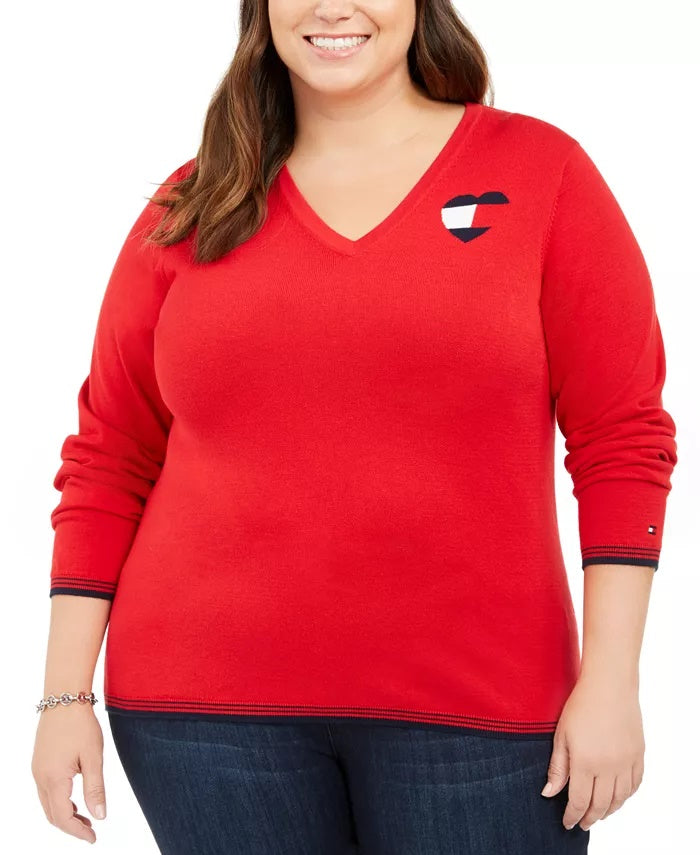 Tommy Hilfiger Womens Plus Cotton Heart Logo Sweater Red Size 1X