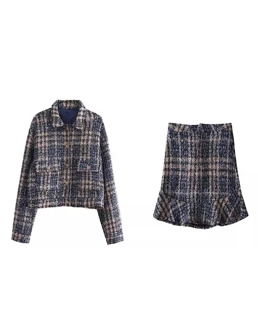 Tweed Navy Short Jacket and Short Skirt Set