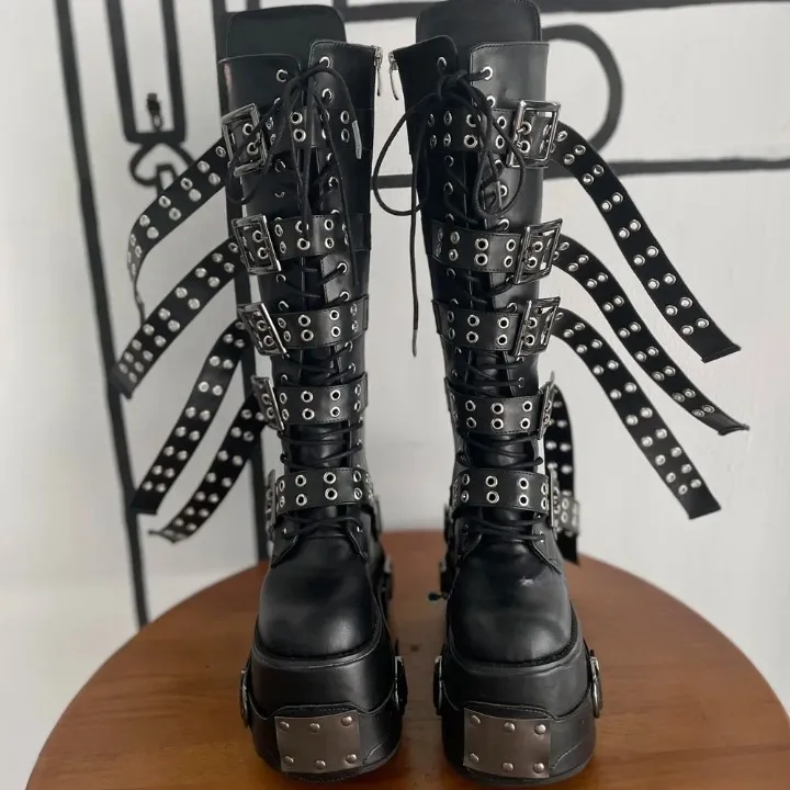 Unisex Punk Style Multi Belt Buckle Thick Soled Knee High Boots