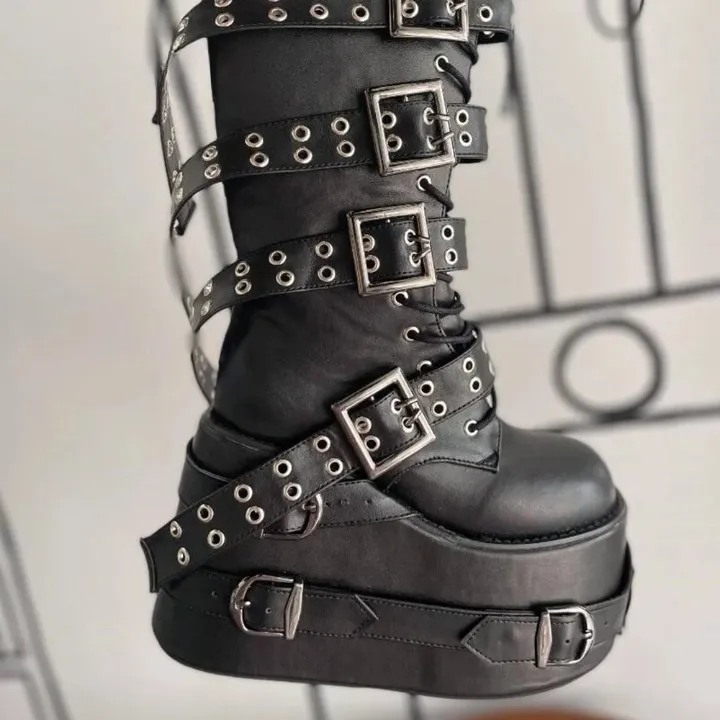 Unisex Punk Style Multi Belt Buckle Thick Soled Knee High Boots