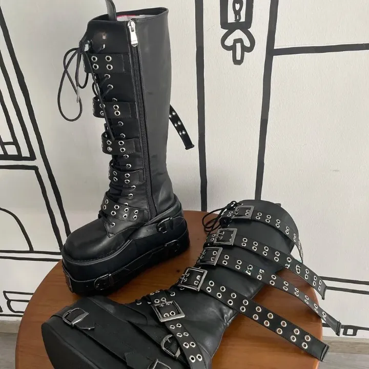 Unisex Punk Style Multi Belt Buckle Thick Soled Knee High Boots