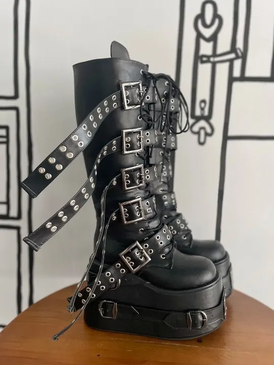 Unisex Punk Style Multi Belt Buckle Thick Soled Knee High Boots