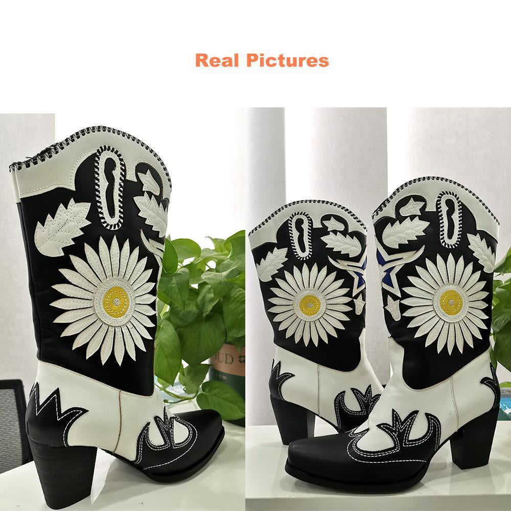 Western Boots Women Fashion Flower Design Girls Cowboy Cowgirl Boots 2023