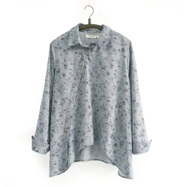 Women's Autumn Cotton Linen White Blue Floral Turn-Down Collar Button Shirt