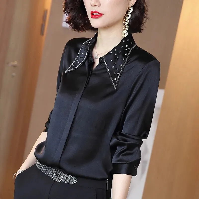 Women's Korean Silk Solid Pattern Turn-down Collar Formal Full Sleeve Shirt