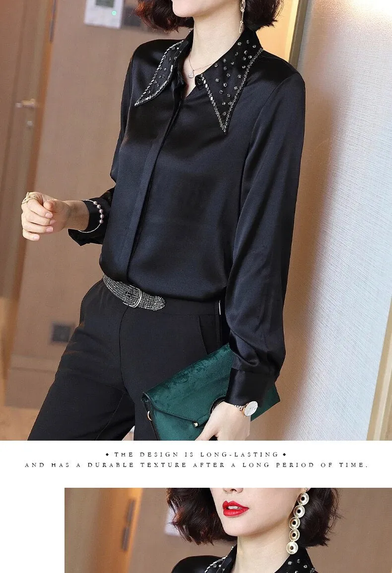 Women's Korean Silk Solid Pattern Turn-down Collar Formal Full Sleeve Shirt