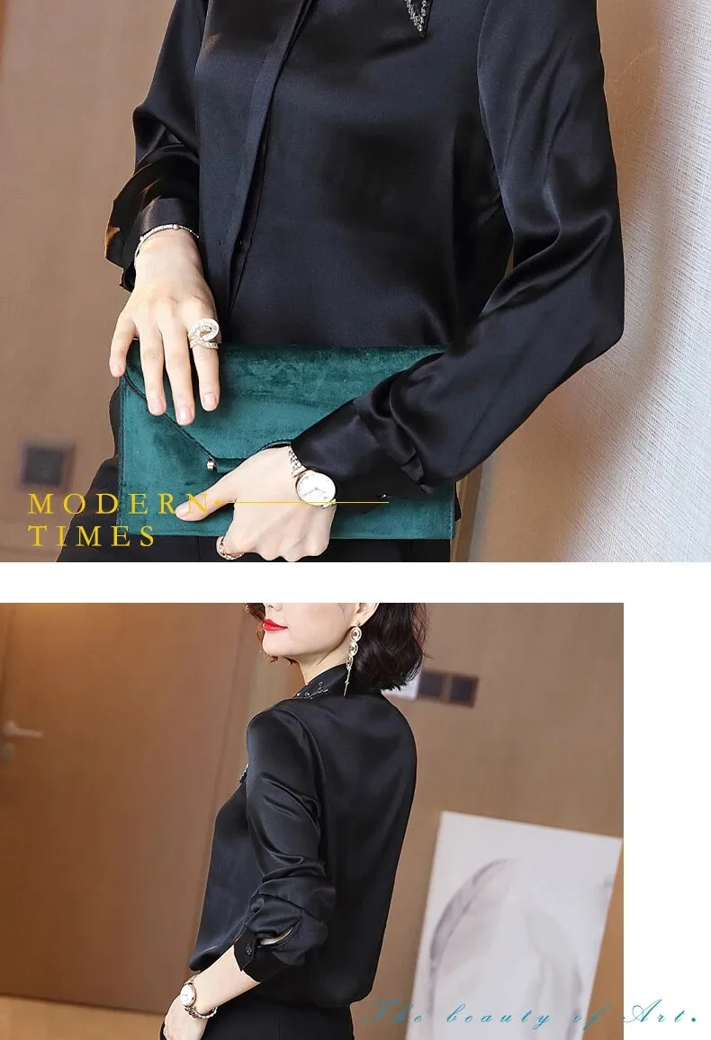 Women's Korean Silk Solid Pattern Turn-down Collar Formal Full Sleeve Shirt