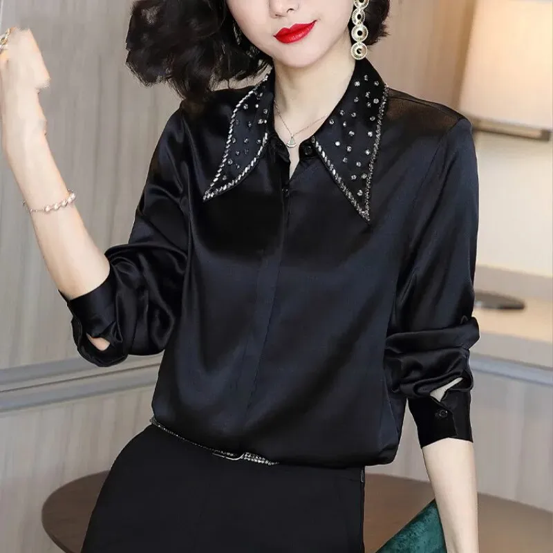 Women's Korean Silk Solid Pattern Turn-down Collar Formal Full Sleeve Shirt