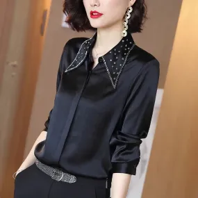 Women's Korean Silk Solid Pattern Turn-down Collar Formal Full Sleeve Shirt