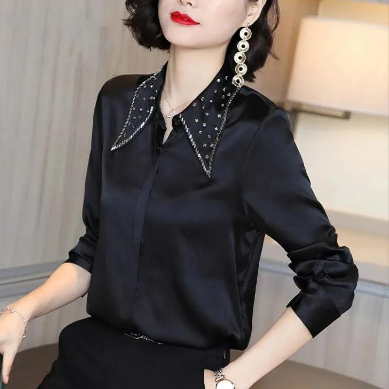 Women's Korean Silk Solid Pattern Turn-down Collar Formal Full Sleeve Shirt