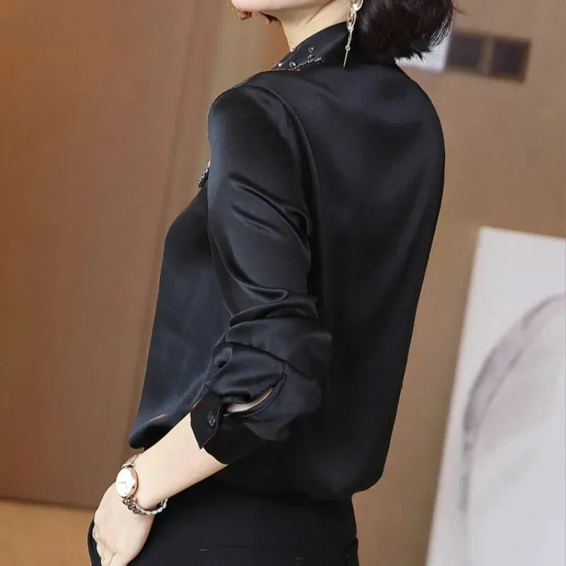 Women's Korean Silk Solid Pattern Turn-down Collar Formal Full Sleeve Shirt