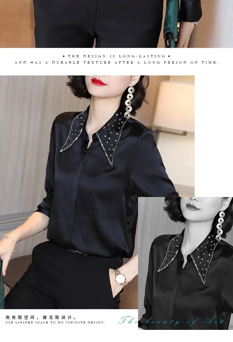 Women's Korean Silk Solid Pattern Turn-down Collar Formal Full Sleeve Shirt