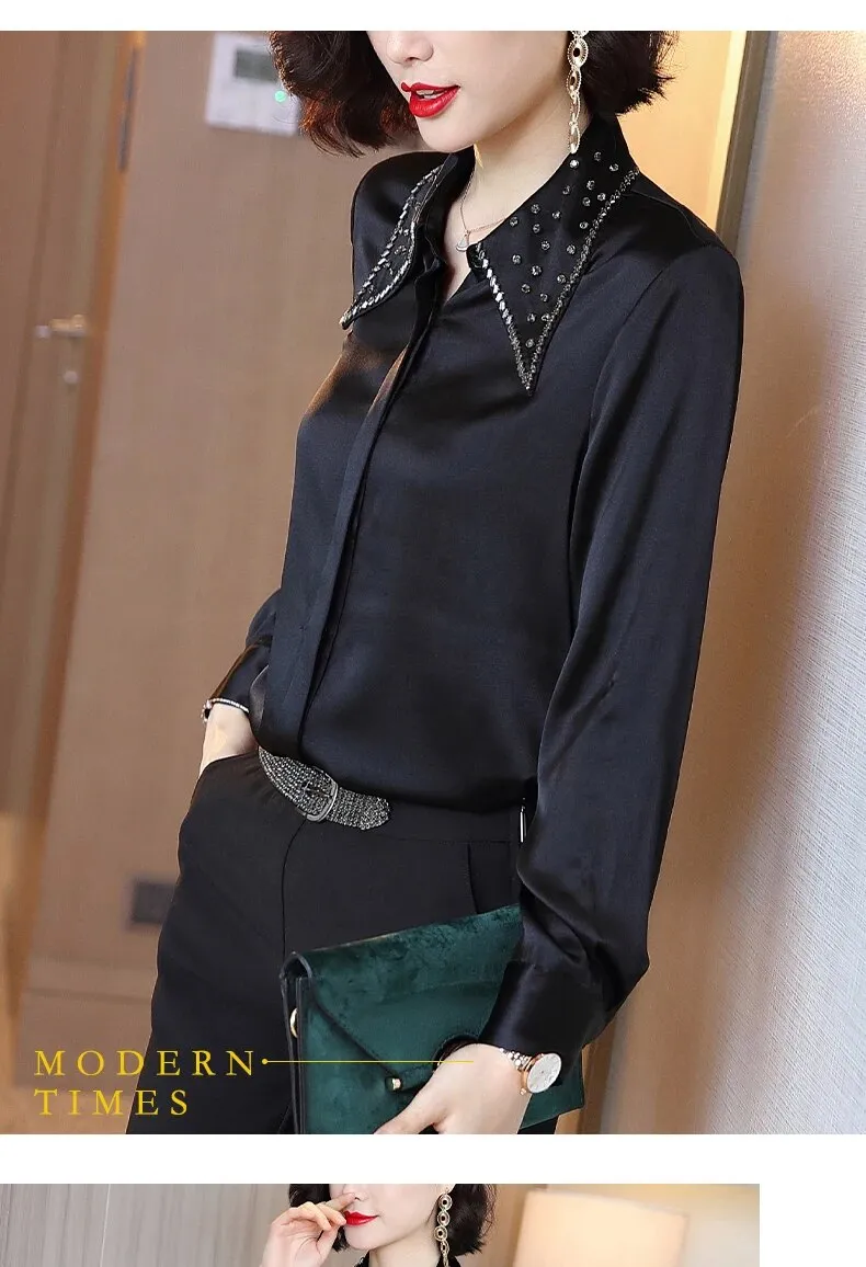 Women's Korean Silk Solid Pattern Turn-down Collar Formal Full Sleeve Shirt