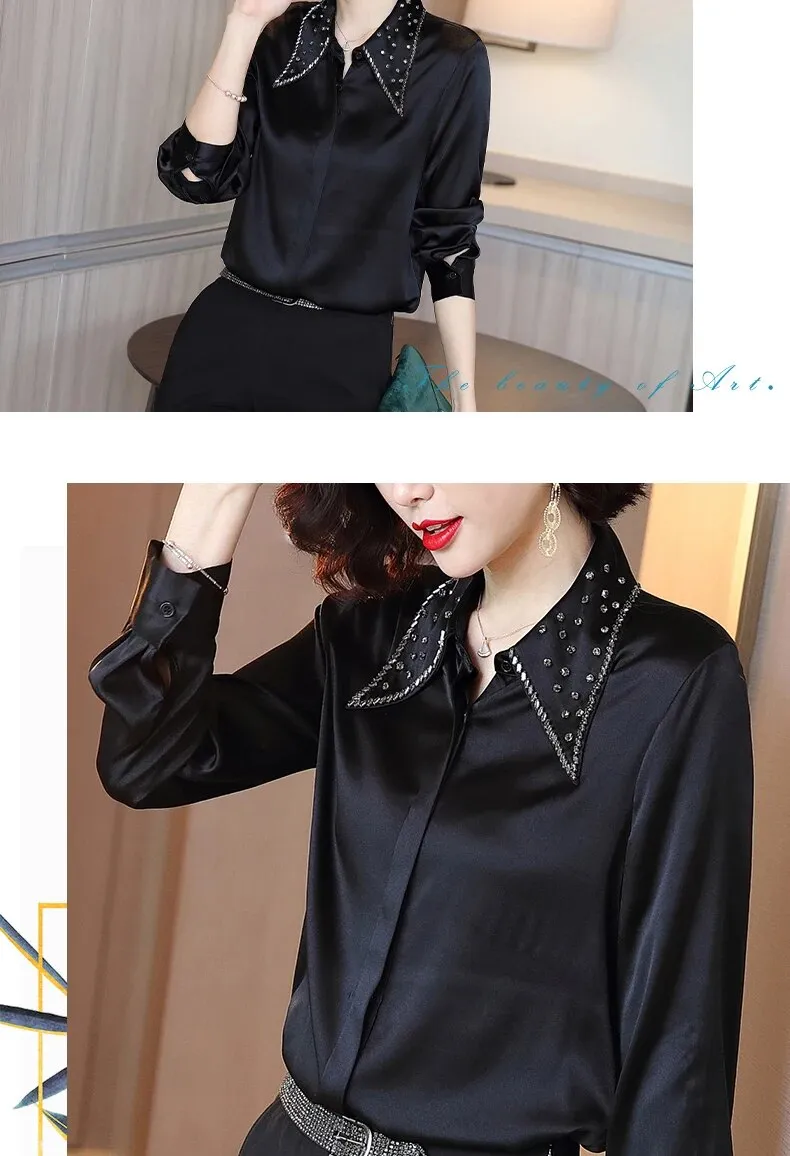 Women's Korean Silk Solid Pattern Turn-down Collar Formal Full Sleeve Shirt