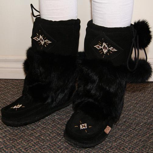 Women's Suede Mid-Calf Black Rabbit Fur Mukluks FINAL CLEARANCE 5 ONLY