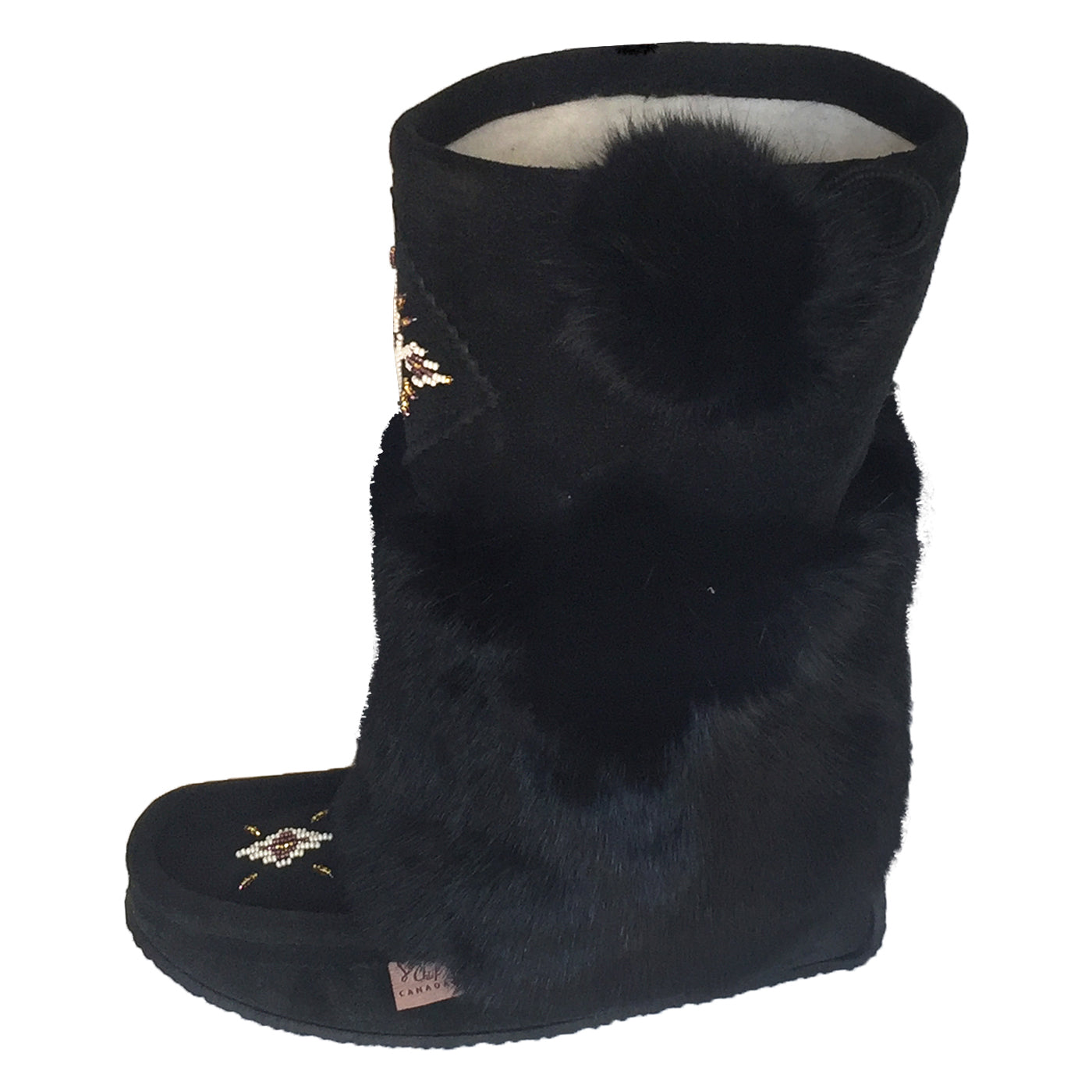 Women's Suede Mid-Calf Black Rabbit Fur Mukluks FINAL CLEARANCE 5 ONLY